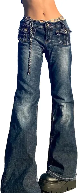 Women Low Rise Flared Jeans Casual Stretch Denim Bell Bottom Pants Work Bootcut Jeans Trousers