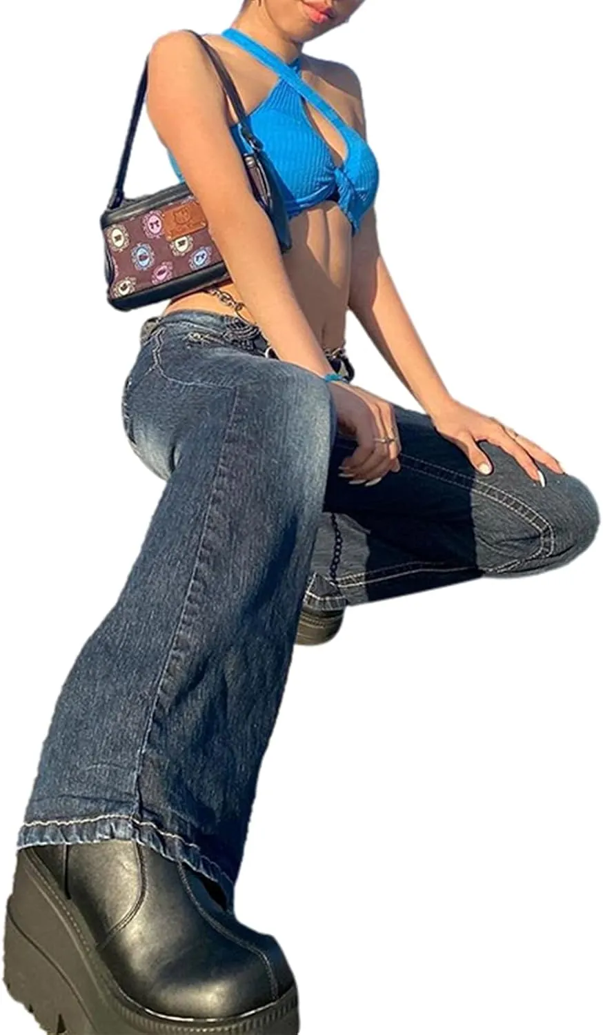 Women Low Rise Flared Jeans Casual Stretch Denim Bell Bottom Pants Work Bootcut Jeans Trousers