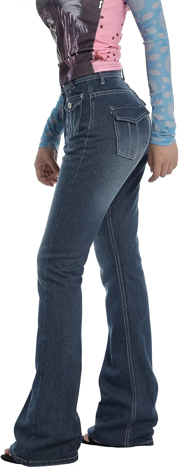 Women Low Rise Flared Jeans Casual Stretch Denim Bell Bottom Pants Work Bootcut Jeans Trousers