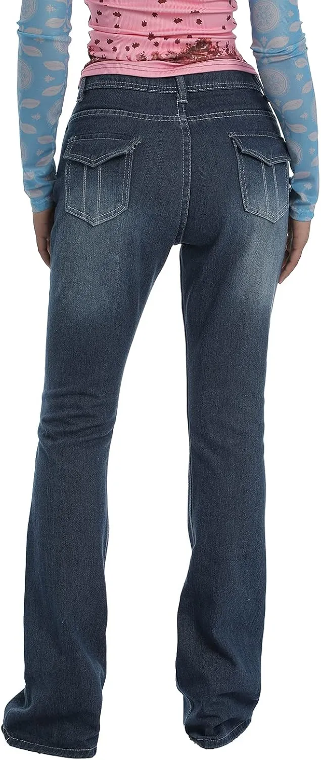 Women Low Rise Flared Jeans Casual Stretch Denim Bell Bottom Pants Work Bootcut Jeans Trousers