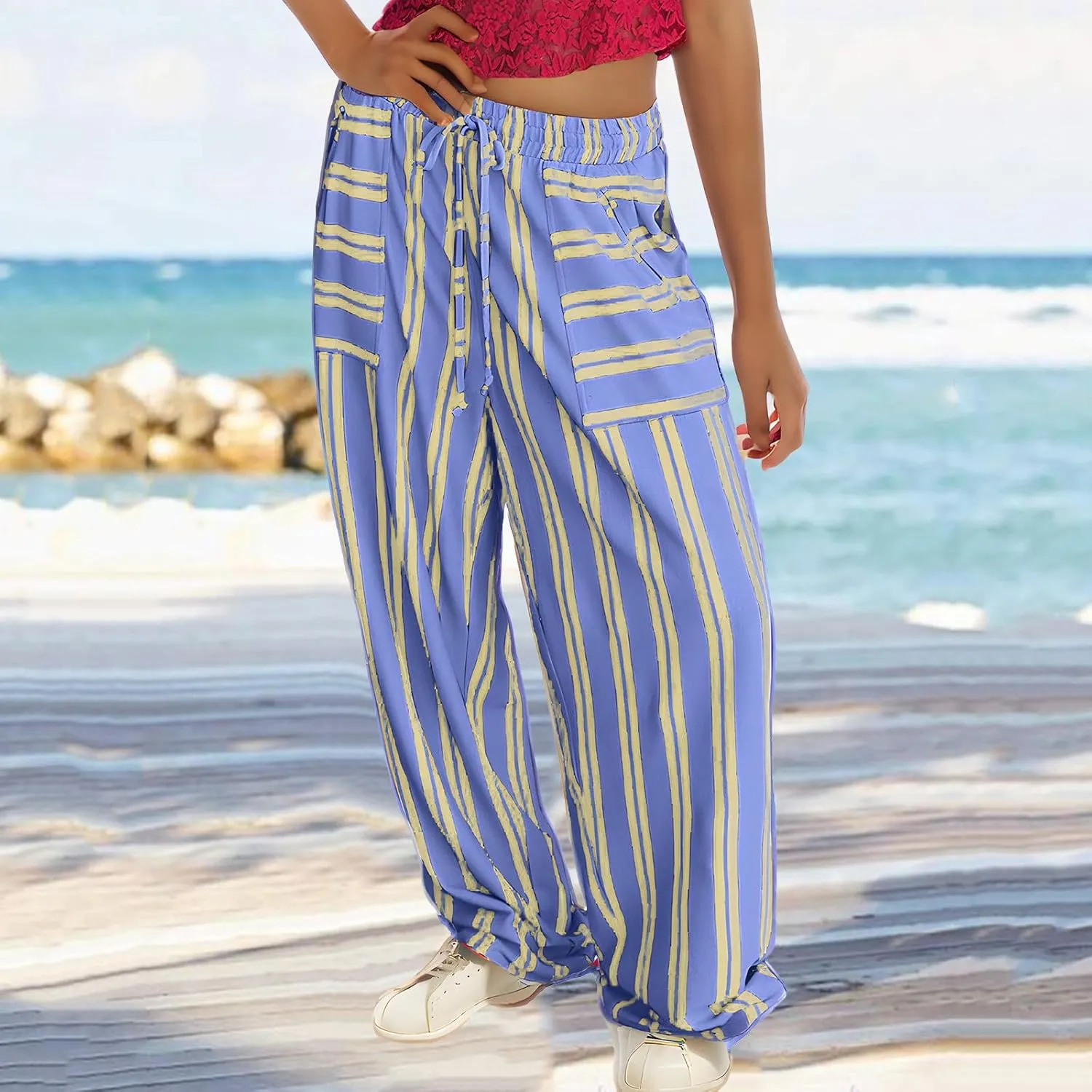 Women Pants Set Pants Pajamas Pjs Set for Women Ruched High Cut 2 Piece Striped Flare Wide Leg Pants Set