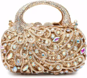 Women Peacock Crystal Clutch Purse Sparkling Rhinestone Handbag Ladies Luxury Evening Bag Wedding Party Purse, Gold AB