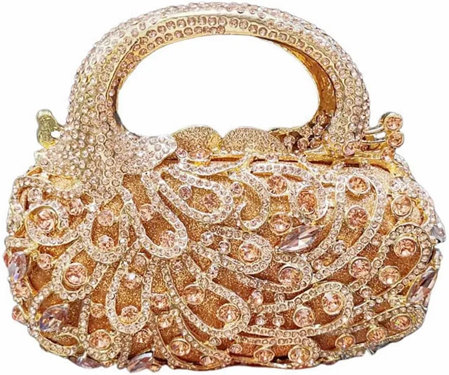 Women Peacock Rhinestone Clutch Bag Sparkly Crystal Evening Bag Bridal Wedding Purse Glitter Handbag for Formal Party, Champagne