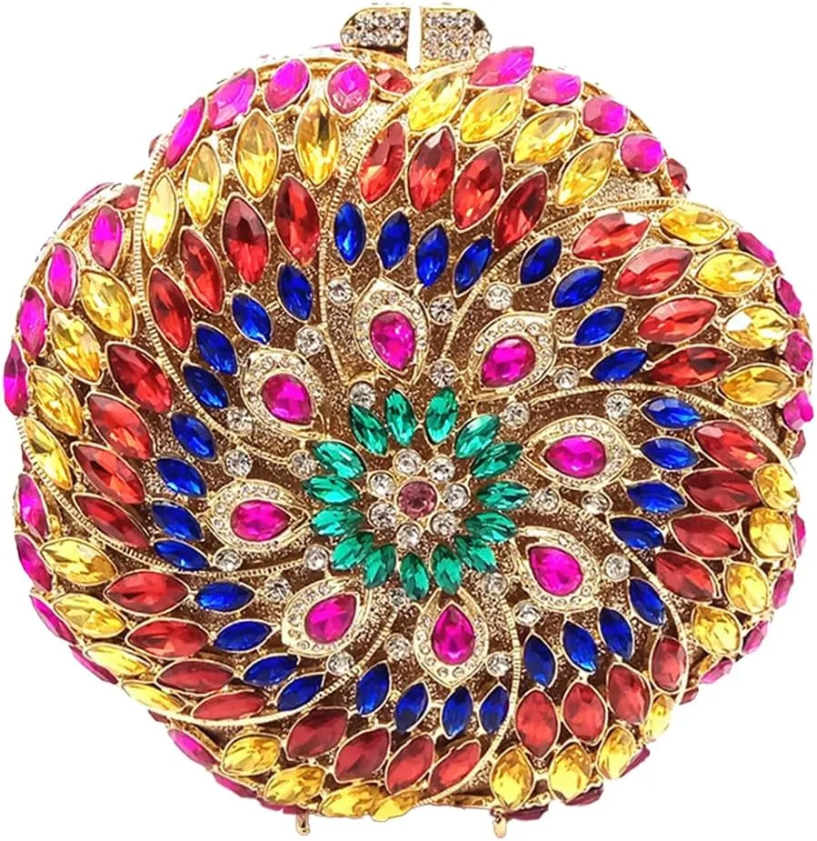 Women Round Flower Clutch Purse Rhinestone Evening Purse Vintage Diamond Wedding Clutch Bag Formal Party Handbag
