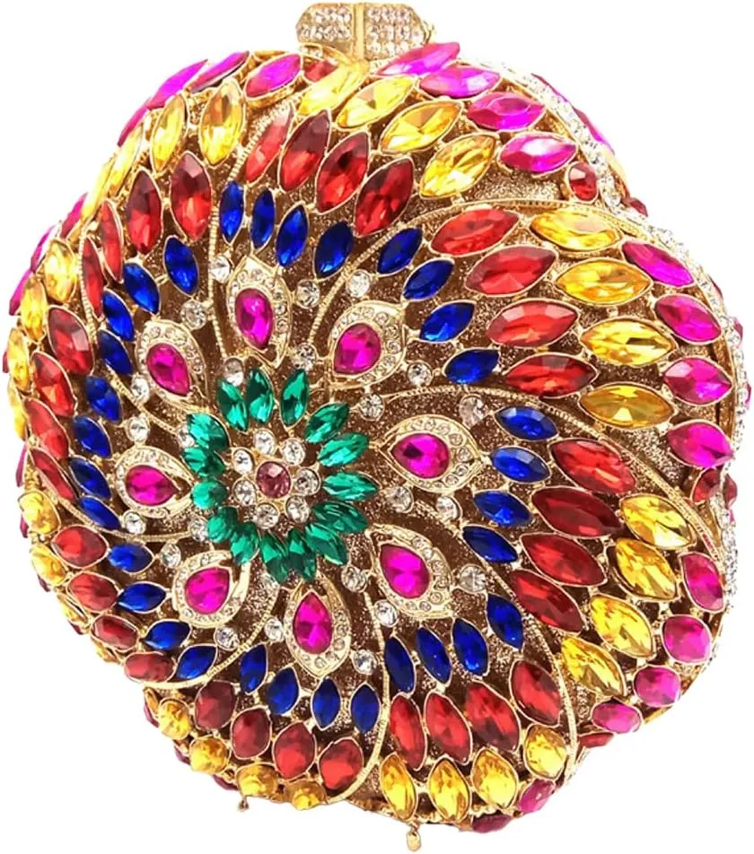 Women Round Flower Clutch Purse Rhinestone Evening Purse Vintage Diamond Wedding Clutch Bag Formal Party Handbag