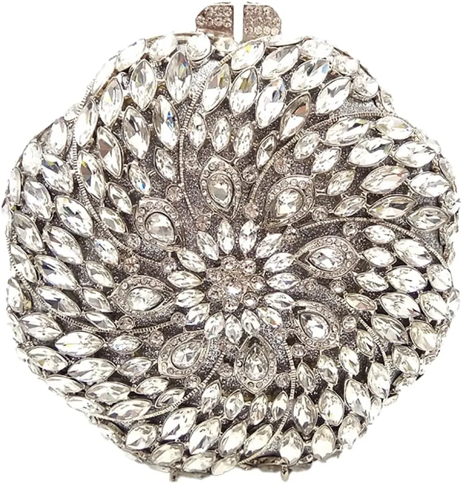 Women Round Flower Clutch Purse Rhinestone Evening Purse Vintage Diamond Wedding Clutch Bag Formal Party Handbag