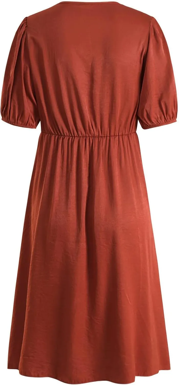 Women S Midi Leopard Dress Stylish Long Sleeves High Waist Dress Button Front Drawstring Belt A Lined Dress