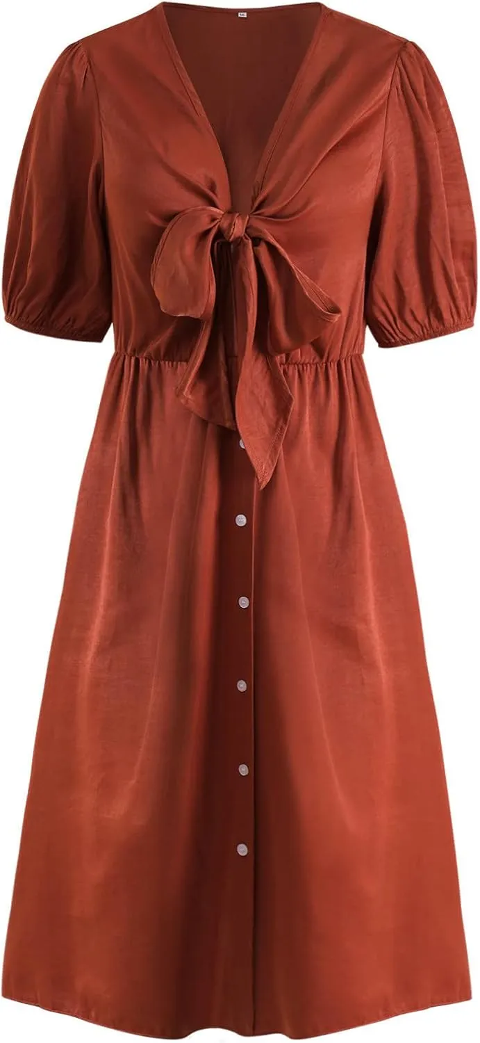 Women S Midi Leopard Dress Stylish Long Sleeves High Waist Dress Button Front Drawstring Belt A Lined Dress