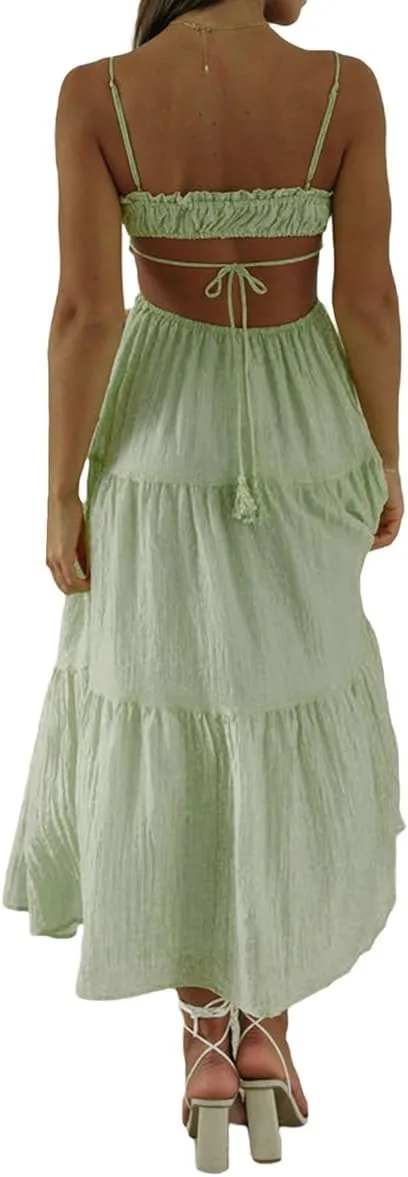Women Sexy Spaghetti Strap Low Cut Dress Y2k Bodycon Long Dress Sleeveless Backless Maxi Dresses Going Out Party Clubwear
