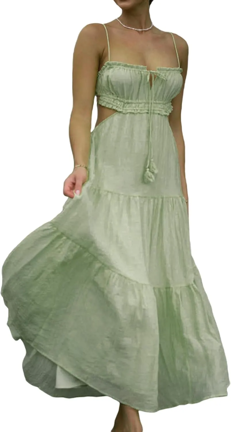 Women Sexy Spaghetti Strap Low Cut Dress Y2k Bodycon Long Dress Sleeveless Backless Maxi Dresses Going Out Party Clubwear