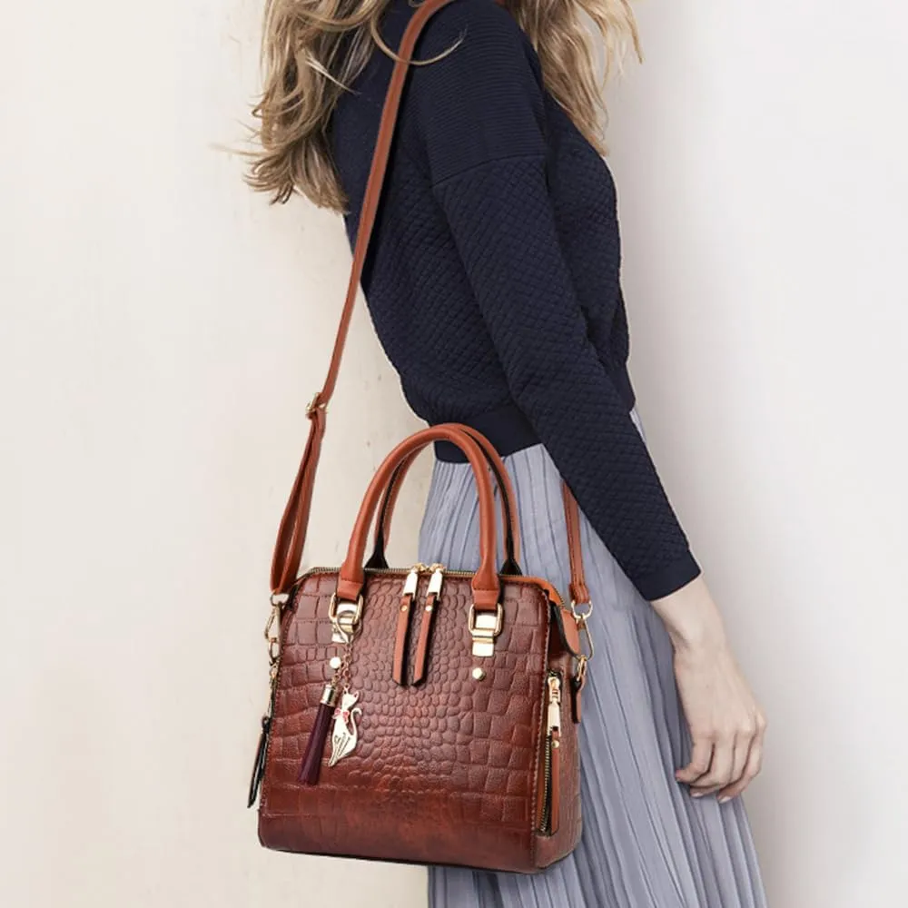 Women Small Top Handle Handbag Crocodile Pattern Satchel PU Fox Tassel Pendant Shoulder Bags