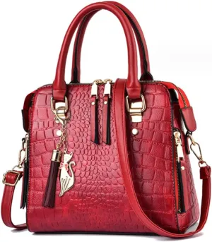 Women Small Top Handle Handbag Crocodile Pattern Satchel PU Fox Tassel Pendant Shoulder Bags