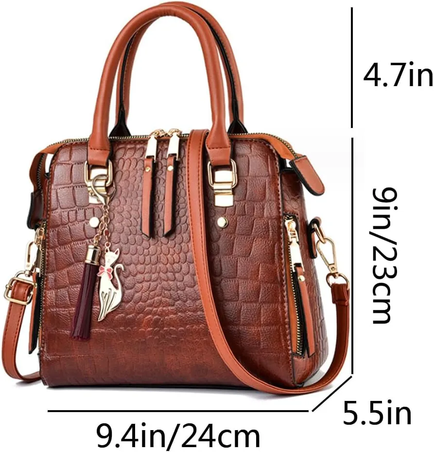 Women Small Top Handle Handbag Crocodile Pattern Satchel PU Fox Tassel Pendant Shoulder Bags