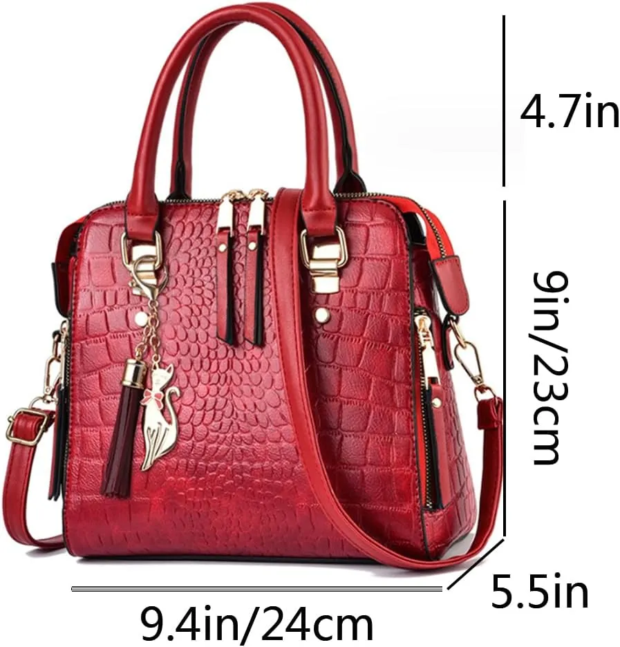 Women Small Top Handle Handbag Crocodile Pattern Satchel PU Fox Tassel Pendant Shoulder Bags