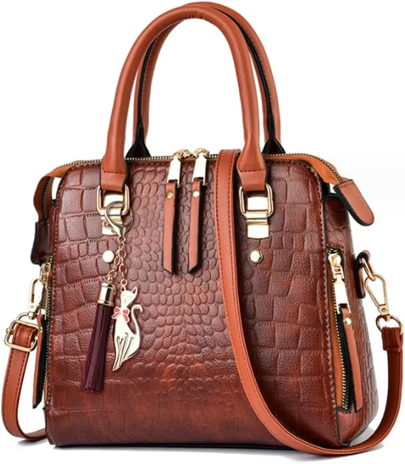 Women Small Top Handle Handbag Crocodile Pattern Satchel PU Fox Tassel Pendant Shoulder Bags