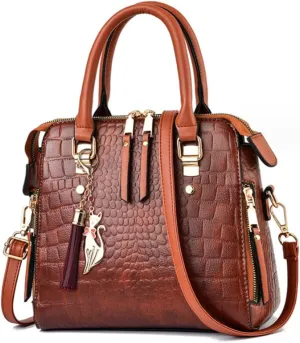 Women Small Top Handle Handbag Crocodile Pattern Satchel PU Fox Tassel Pendant Shoulder Bags