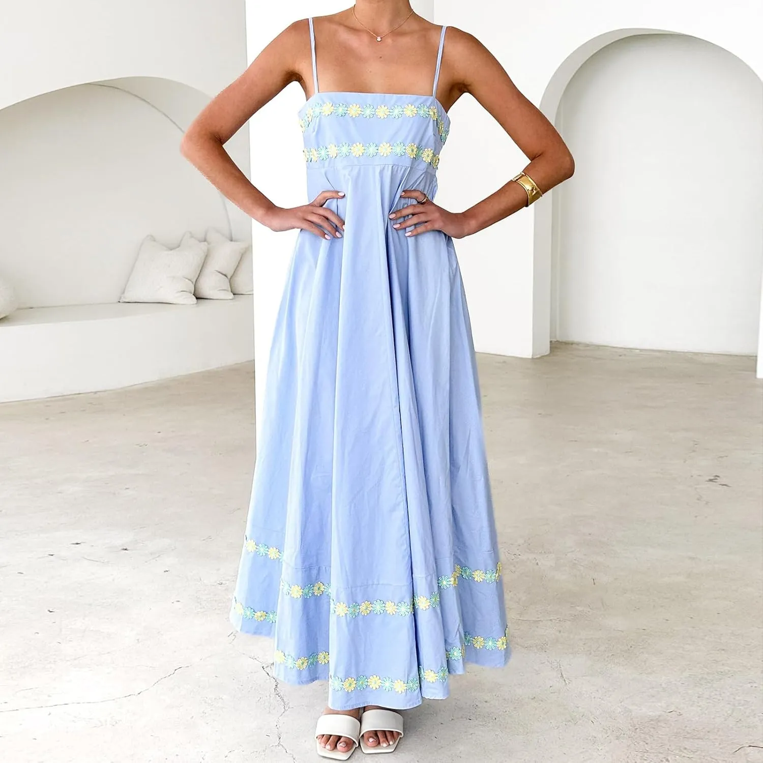Women Spaghetti Strap Boho Maxi Dress Floral Square Neck Backless Long Dress Summer A Line Flowy Beach Sundress
