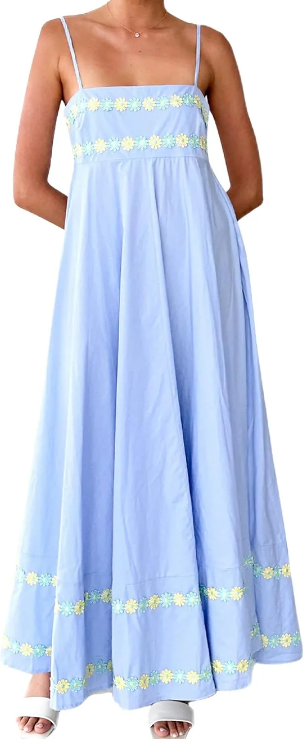 Women Spaghetti Strap Boho Maxi Dress Floral Square Neck Backless Long Dress Summer A Line Flowy Beach Sundress