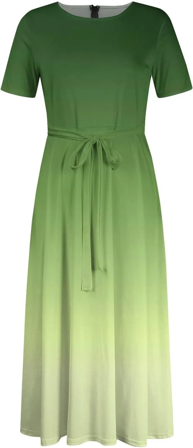 Women Spring 2025 High Waist Short Sleeve Casual Round Neck Gradient Drawstring Swing Big Hem Maxi Dresses, XL-5XL