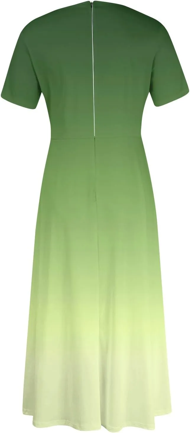 Women Spring 2025 High Waist Short Sleeve Casual Round Neck Gradient Drawstring Swing Big Hem Maxi Dresses, XL-5XL