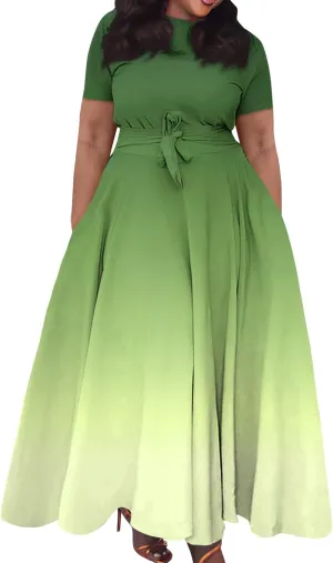 Women Spring 2025 High Waist Short Sleeve Casual Round Neck Gradient Drawstring Swing Big Hem Maxi Dresses, XL-5XL