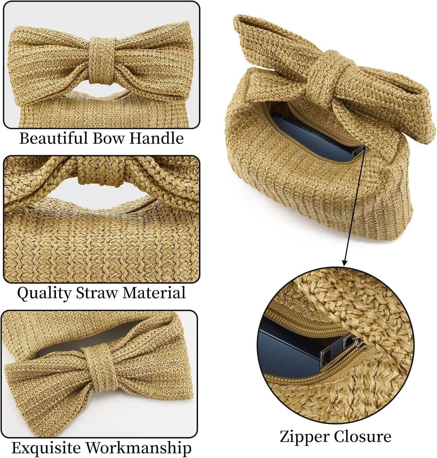 Women Straw Clutch Purses Bow Purse Summer Beach Bags Stylish Handmade Woven Handbags for Party Wedding Vacation