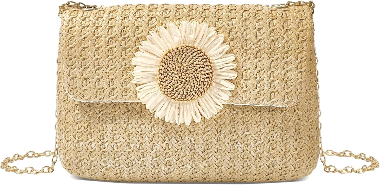 Women Straw Crossbody Bag Beach Handmade Rattan Shoulder Bags Flower Straw Clutch Purse for Summer Vacation