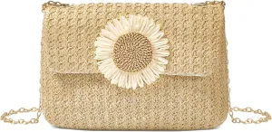 Women Straw Crossbody Bag Beach Handmade Rattan Shoulder Bags Flower Straw Clutch Purse for Summer Vacation