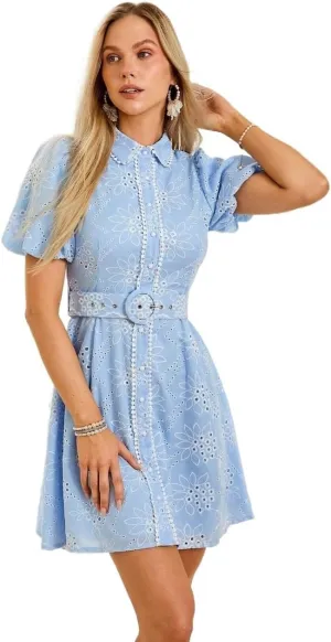 Women Summer Bohemian Floral Embroidered Ruffle Puff Sleeve Waist Mini Dress