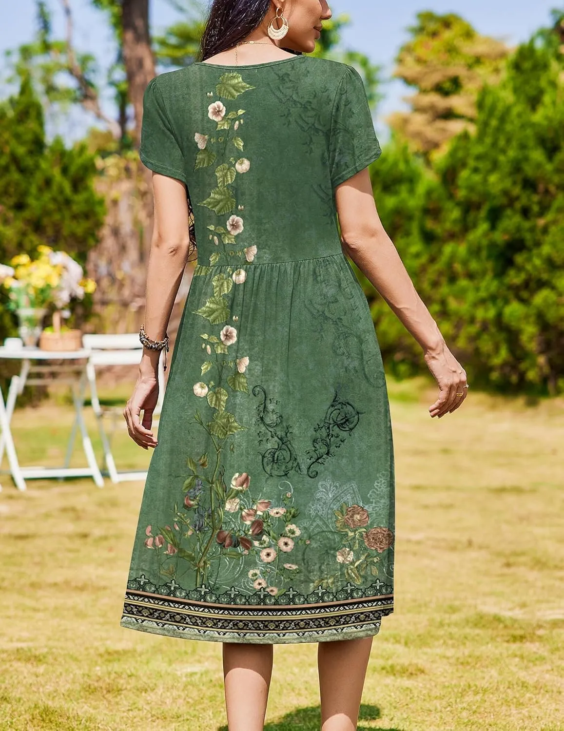 Women Summer Short Sleeve Midi Dress with Pockets Casual Aline Flowy Tshirt Dress Floral Vocation Beach Sundress