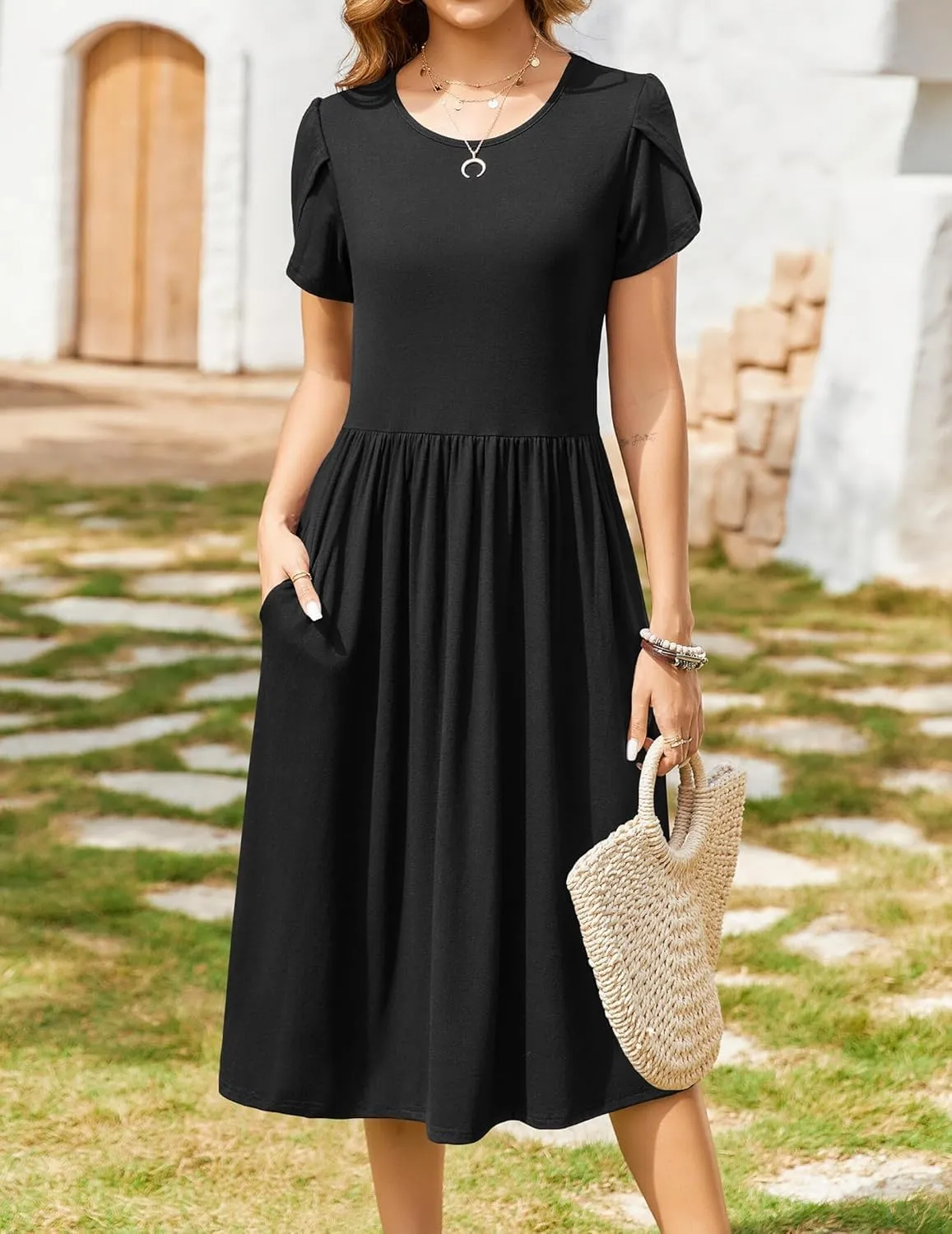 Women Summer Short Sleeve Midi Dress with Pockets Casual Aline Flowy Tshirt Dress Floral Vocation Beach Sundress