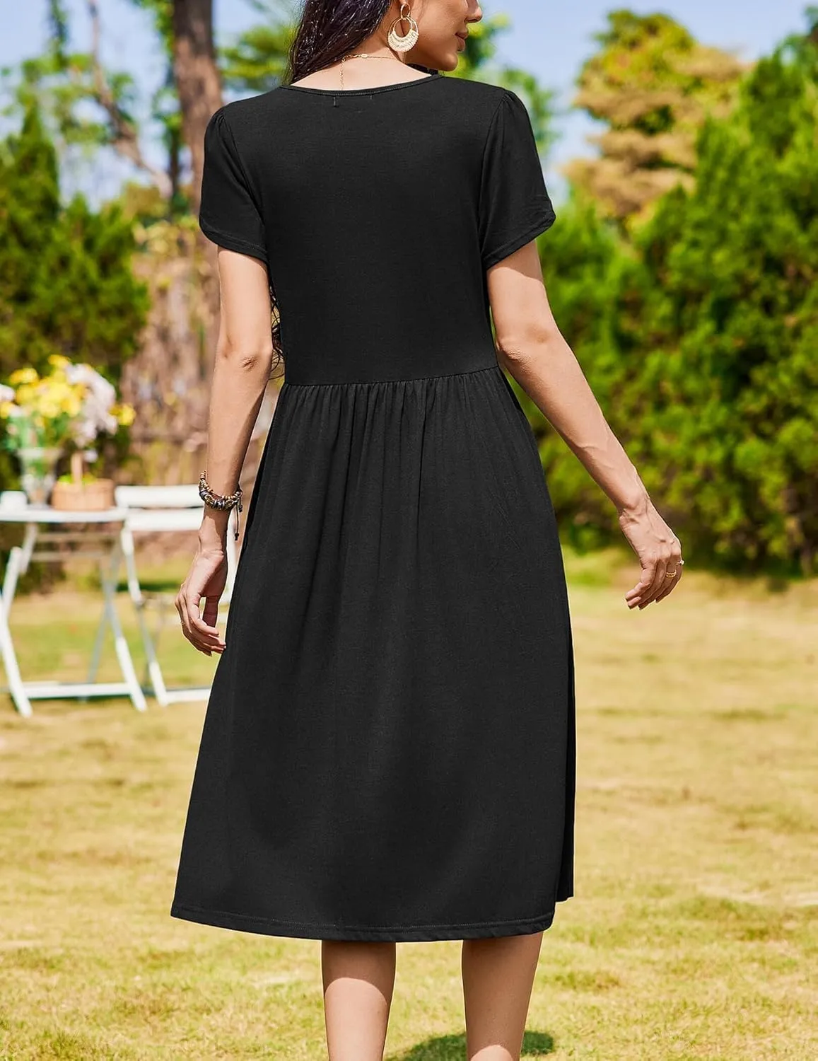 Women Summer Short Sleeve Midi Dress with Pockets Casual Aline Flowy Tshirt Dress Floral Vocation Beach Sundress