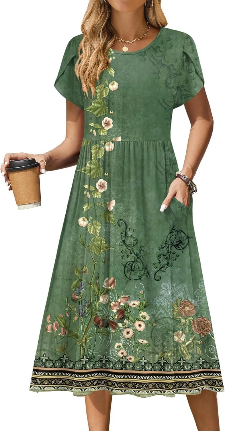 Women Summer Short Sleeve Midi Dress with Pockets Casual Aline Flowy Tshirt Dress Floral Vocation Beach Sundress