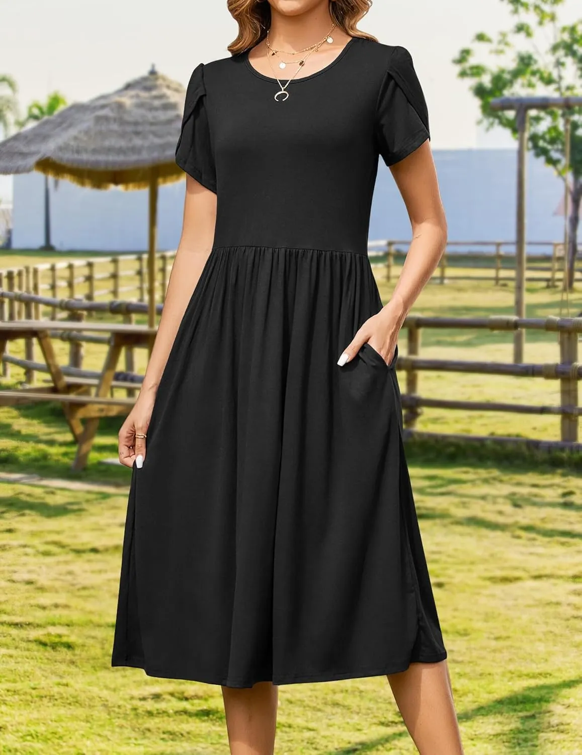Women Summer Short Sleeve Midi Dress with Pockets Casual Aline Flowy Tshirt Dress Floral Vocation Beach Sundress