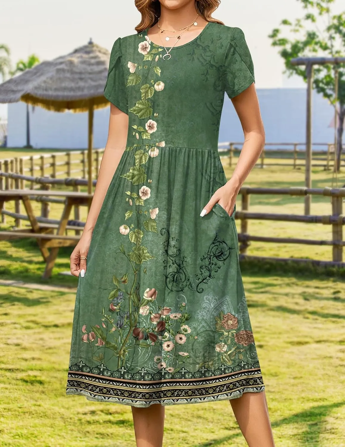 Women Summer Short Sleeve Midi Dress with Pockets Casual Aline Flowy Tshirt Dress Floral Vocation Beach Sundress