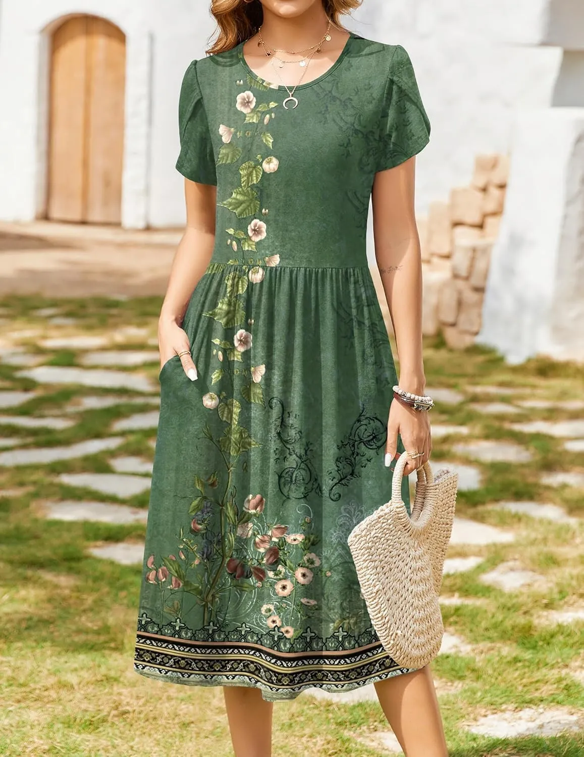 Women Summer Short Sleeve Midi Dress with Pockets Casual Aline Flowy Tshirt Dress Floral Vocation Beach Sundress