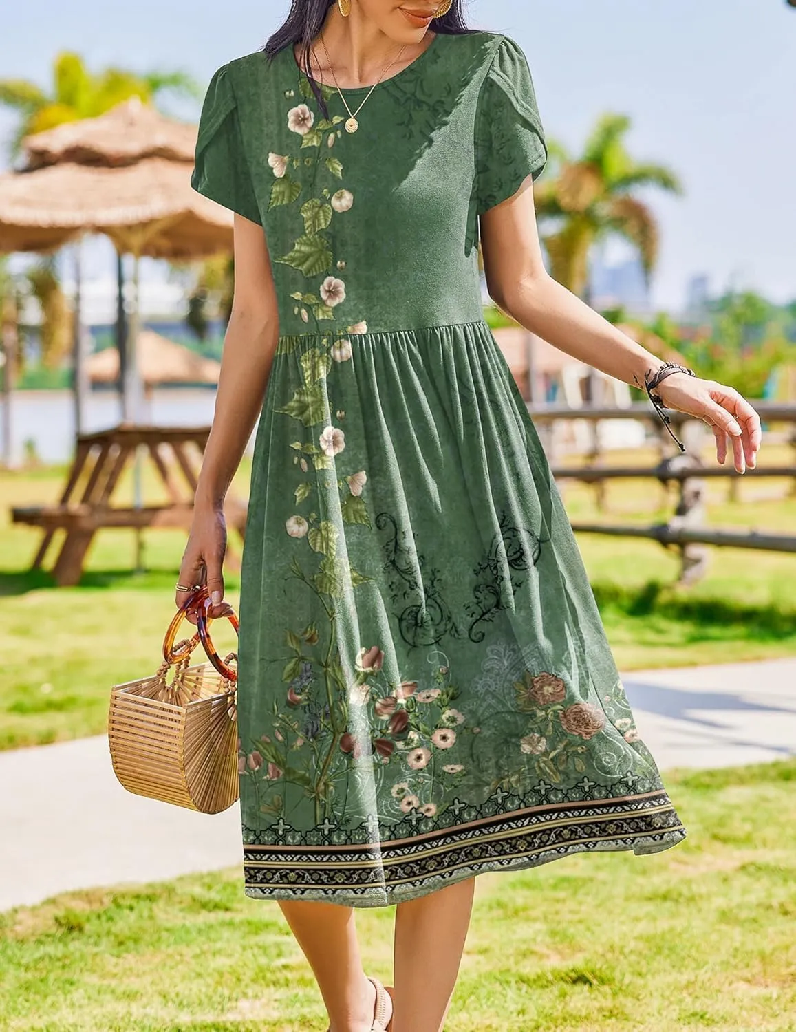 Women Summer Short Sleeve Midi Dress with Pockets Casual Aline Flowy Tshirt Dress Floral Vocation Beach Sundress