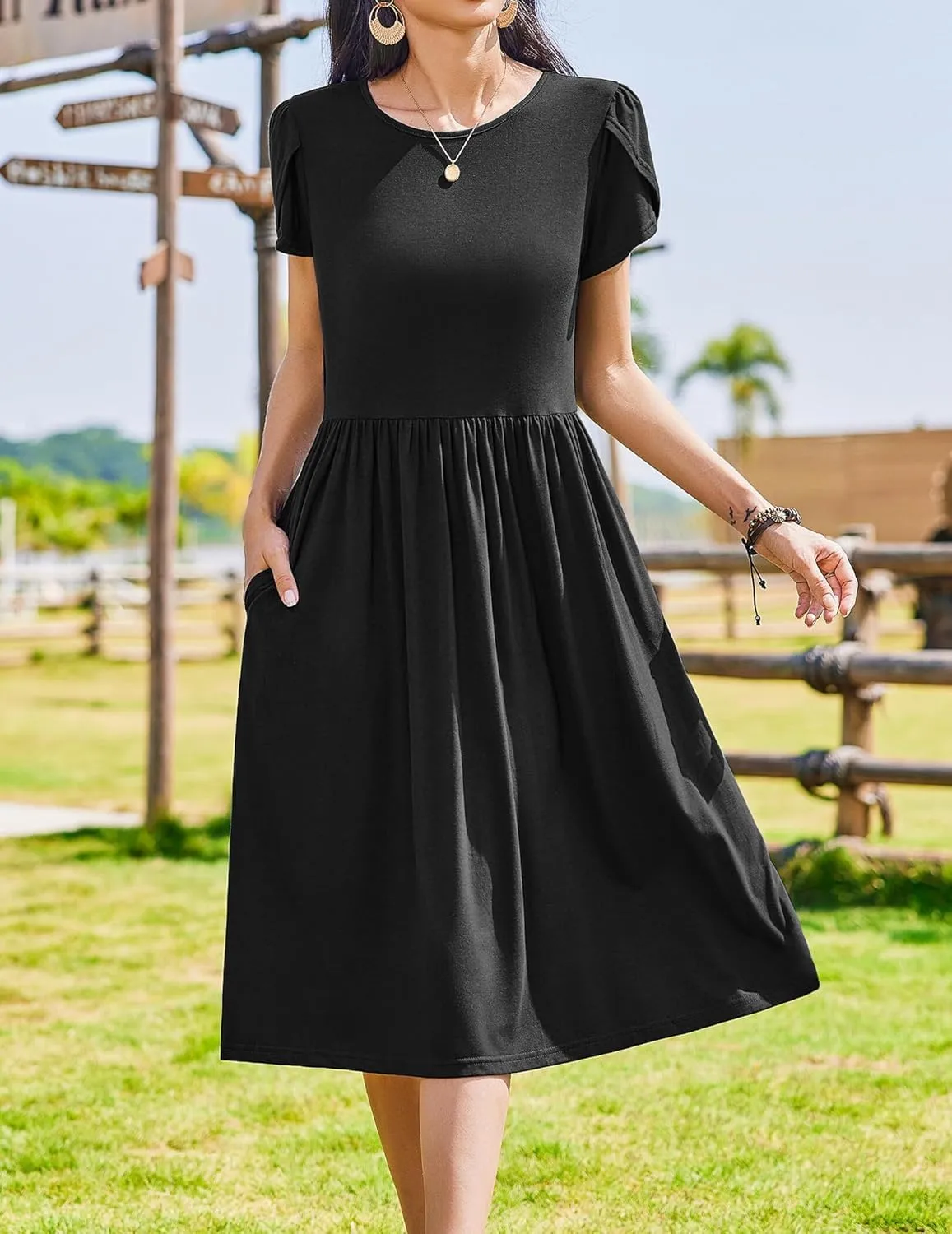 Women Summer Short Sleeve Midi Dress with Pockets Casual Aline Flowy Tshirt Dress Floral Vocation Beach Sundress