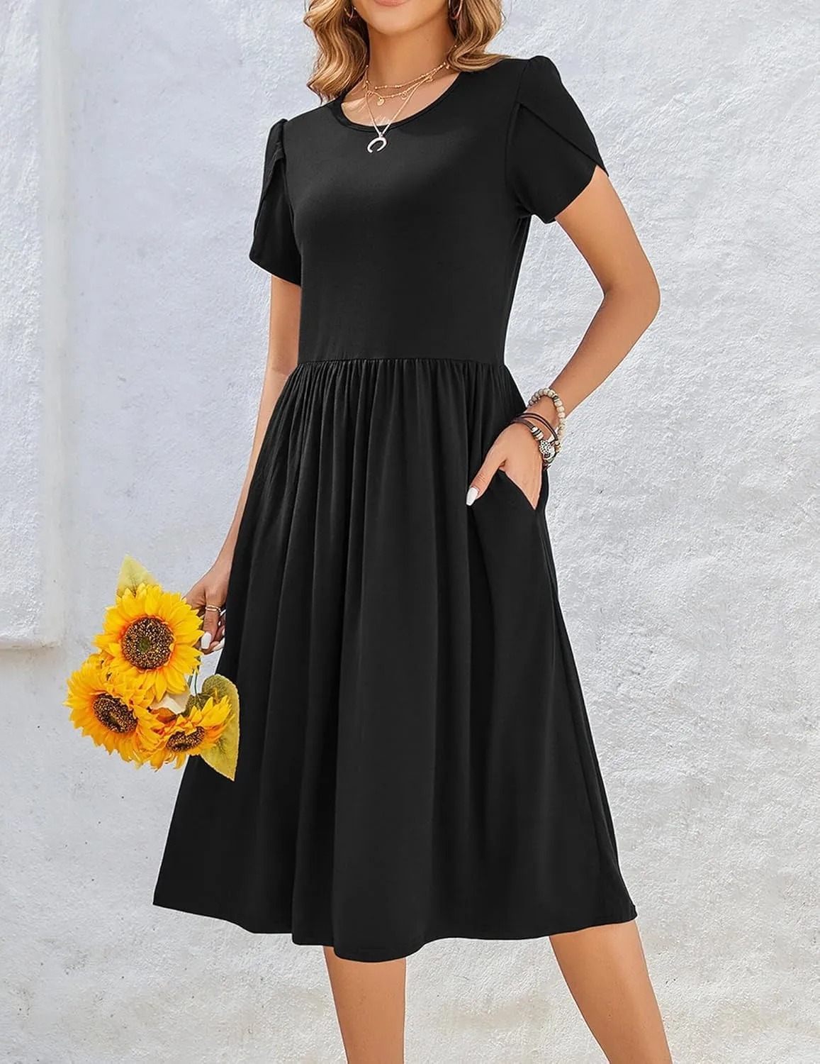 Women Summer Short Sleeve Midi Dress with Pockets Casual Aline Flowy Tshirt Dress Floral Vocation Beach Sundress