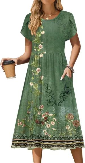 Women Summer Short Sleeve Midi Dress with Pockets Casual Aline Flowy Tshirt Dress Floral Vocation Beach Sundress