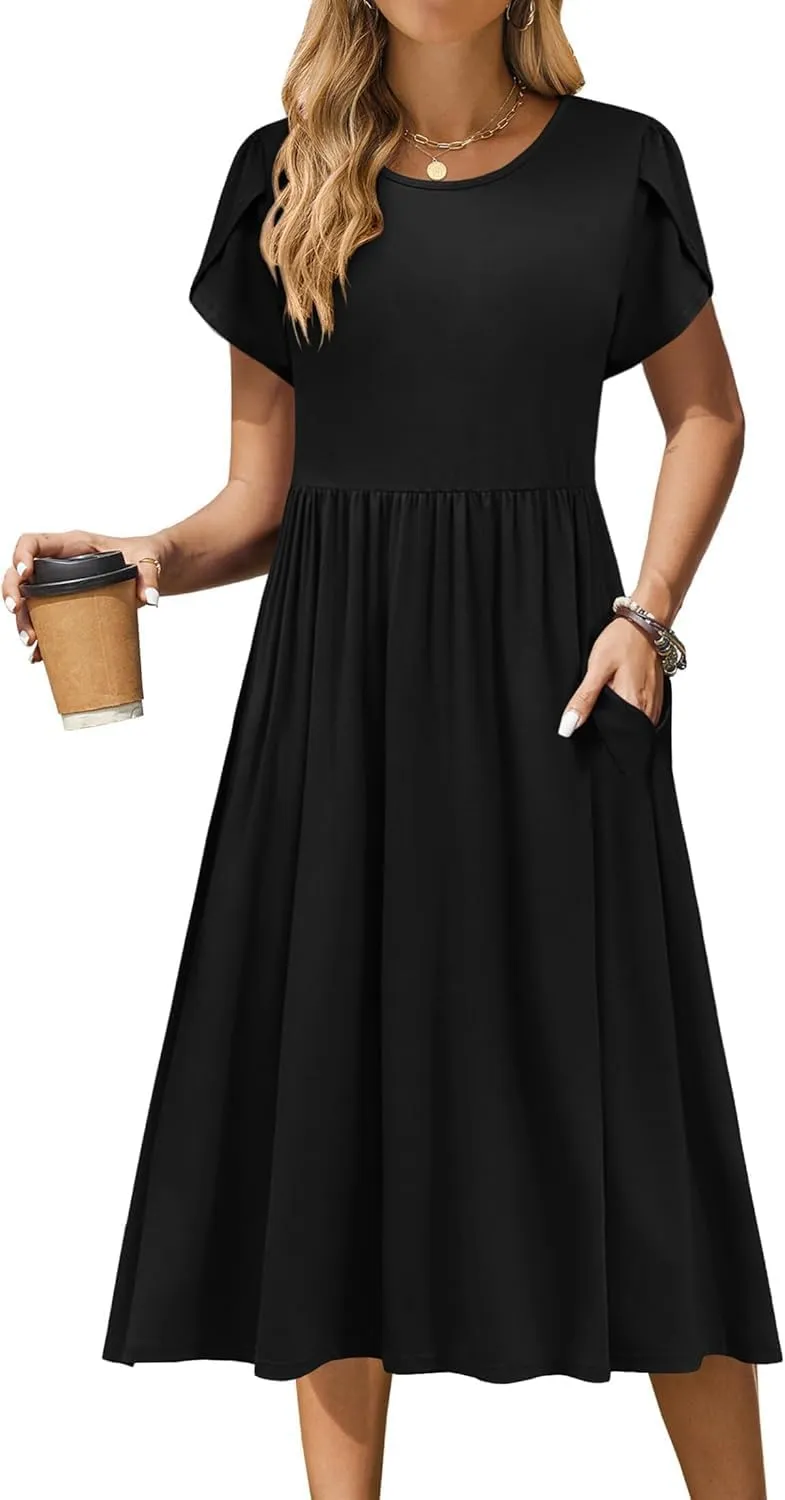 Women Summer Short Sleeve Midi Dress with Pockets Casual Aline Flowy Tshirt Dress Floral Vocation Beach Sundress