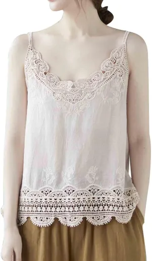 Women Summer Tops Sexy Hollow Out Lace Trim Camisoles Sleeveless V Neck Vintage Cute Tanks Casual Solid Loose Shirts
