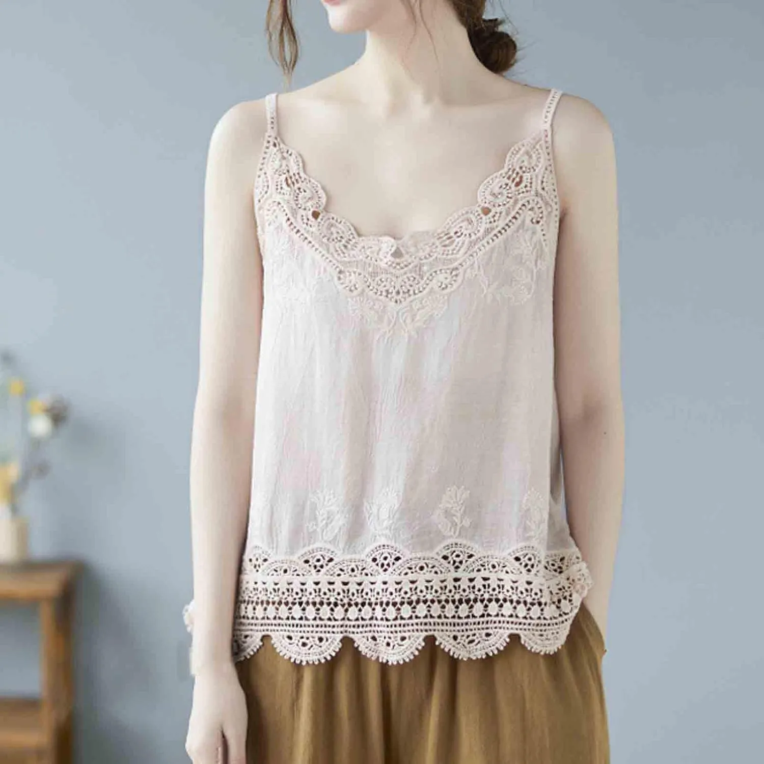 Women Summer Tops Sexy Hollow Out Lace Trim Camisoles Sleeveless V Neck Vintage Cute Tanks Casual Solid Loose Shirts