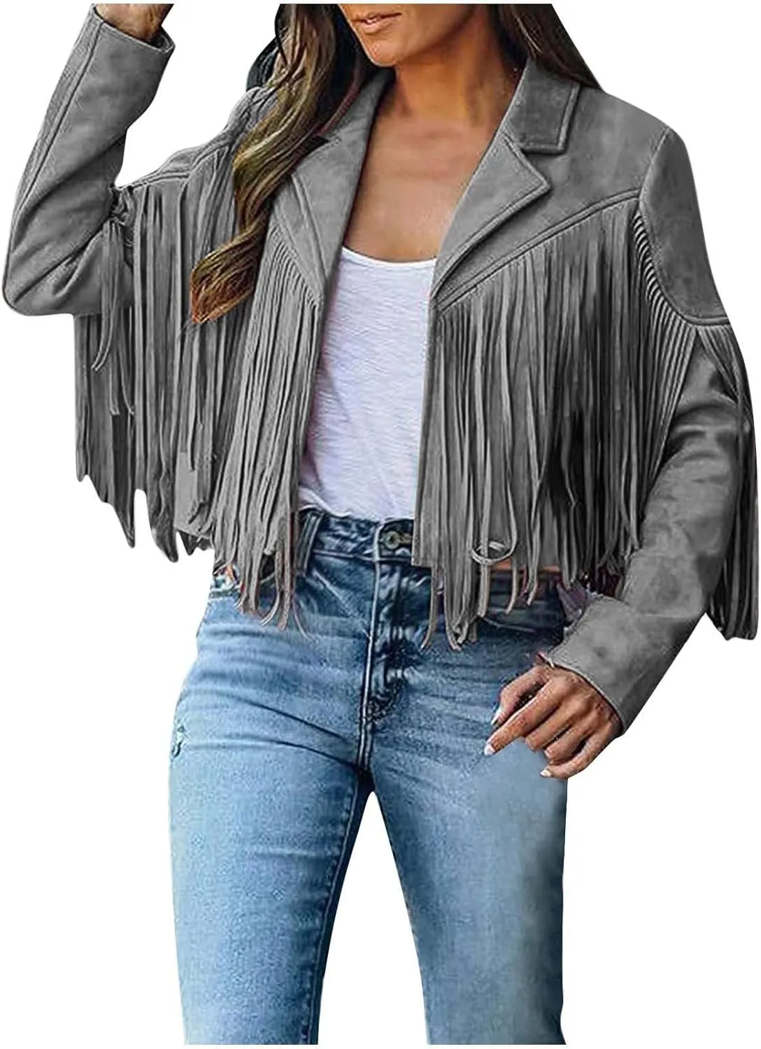 Women Trendy Tassel Coat Fringe Coats Faux Suede Leather Cowboy Style Jacket Long Sleeve Tassels Cardigan Coat Outwear