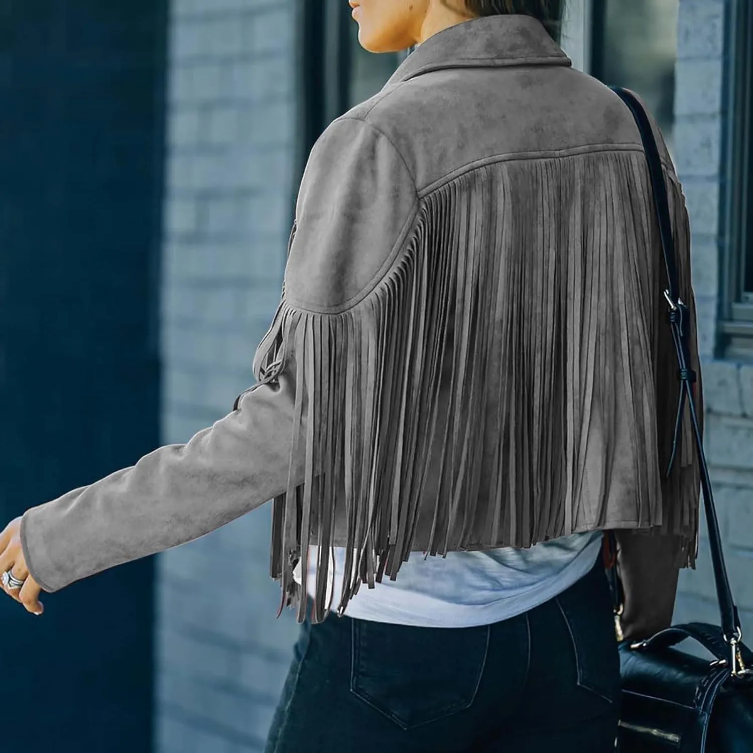 Women Trendy Tassel Coat Fringe Coats Faux Suede Leather Cowboy Style Jacket Long Sleeve Tassels Cardigan Coat Outwear