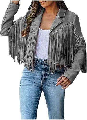 Women Trendy Tassel Coat Fringe Coats Faux Suede Leather Cowboy Style Jacket Long Sleeve Tassels Cardigan Coat Outwear