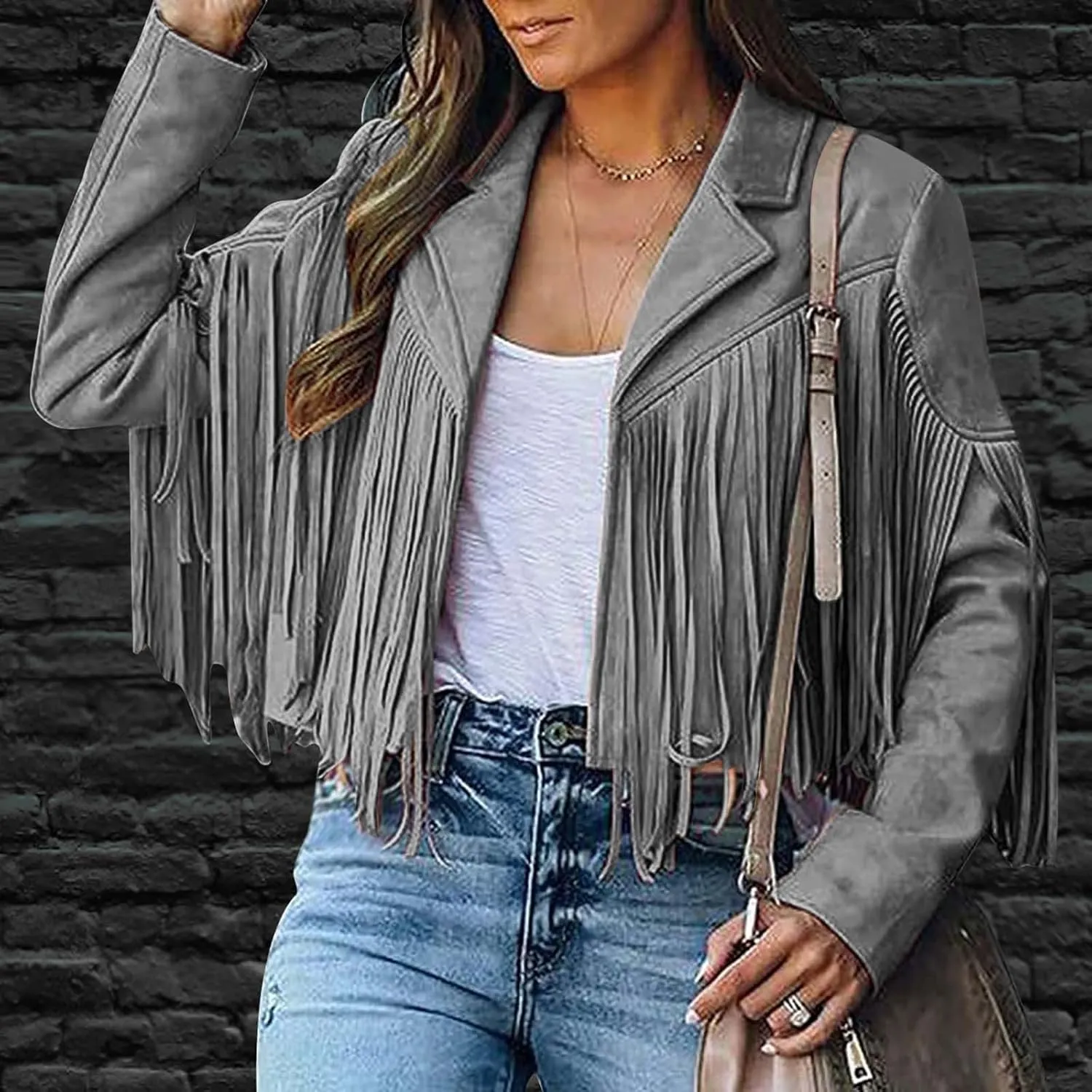 Women Trendy Tassel Coat Fringe Coats Faux Suede Leather Cowboy Style Jacket Long Sleeve Tassels Cardigan Coat Outwear