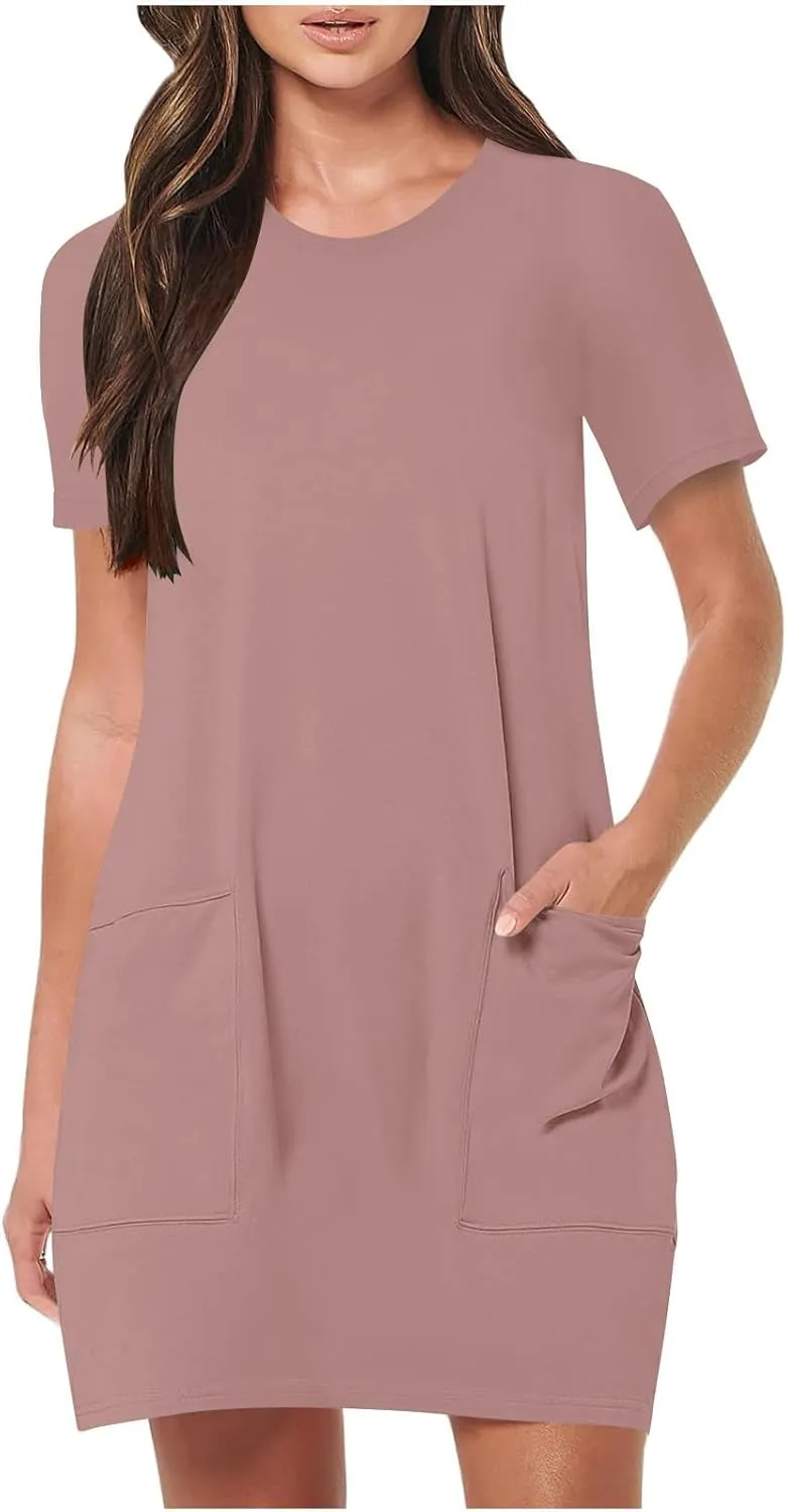 Women Tshirt Dress with Pockets Summer Casual Short Sleeve Sundresses Crew Neck Modest Dresses A Line Mini Dress