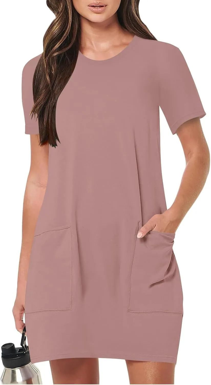 Women Tshirt Dress with Pockets Summer Casual Short Sleeve Sundresses Crew Neck Modest Dresses A Line Mini Dress