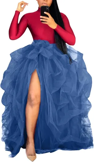 Women Tulle Long Skirt High Waist Ruffle Floor Length Dresses Wedding Guest Plus Size Dress Sexy Slit Puffy Maxi Skirts